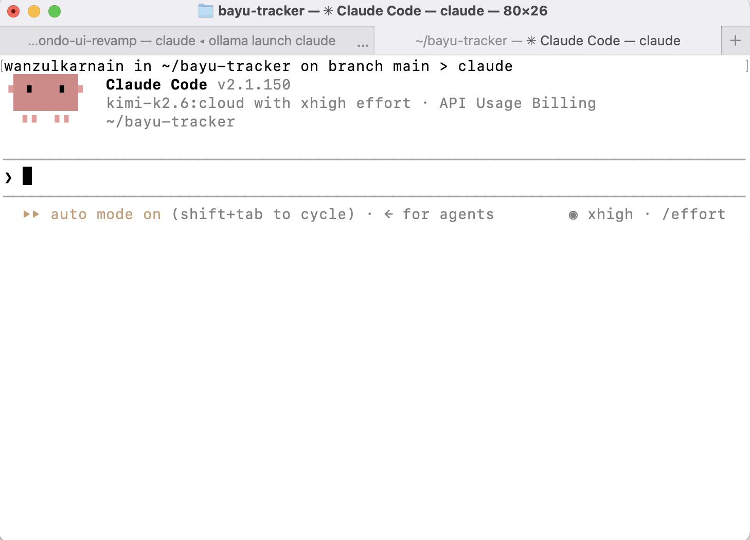Claude Code CLI v2.1.150 running with kimi-k2.6:cloud model through Ollama Cloud API