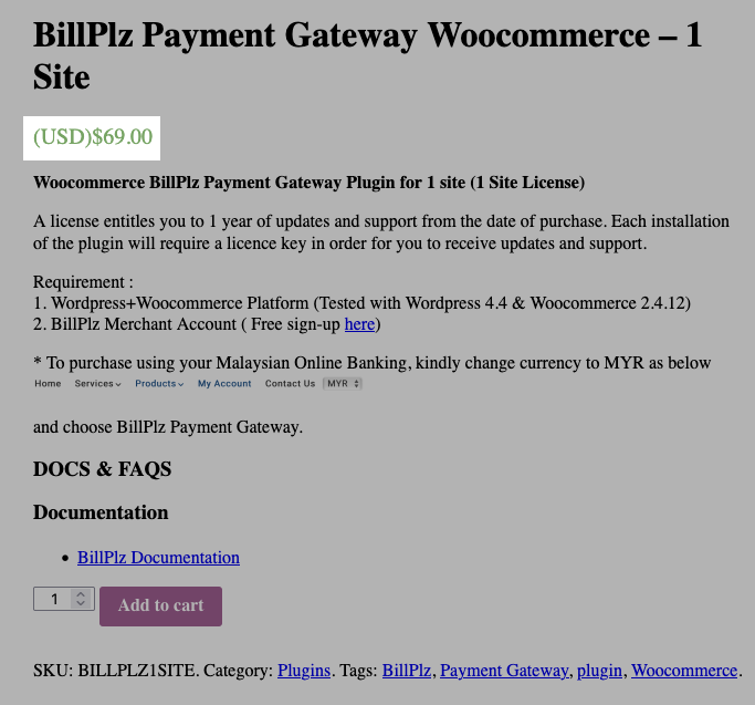 Screenshot of plugin costing $69 per site