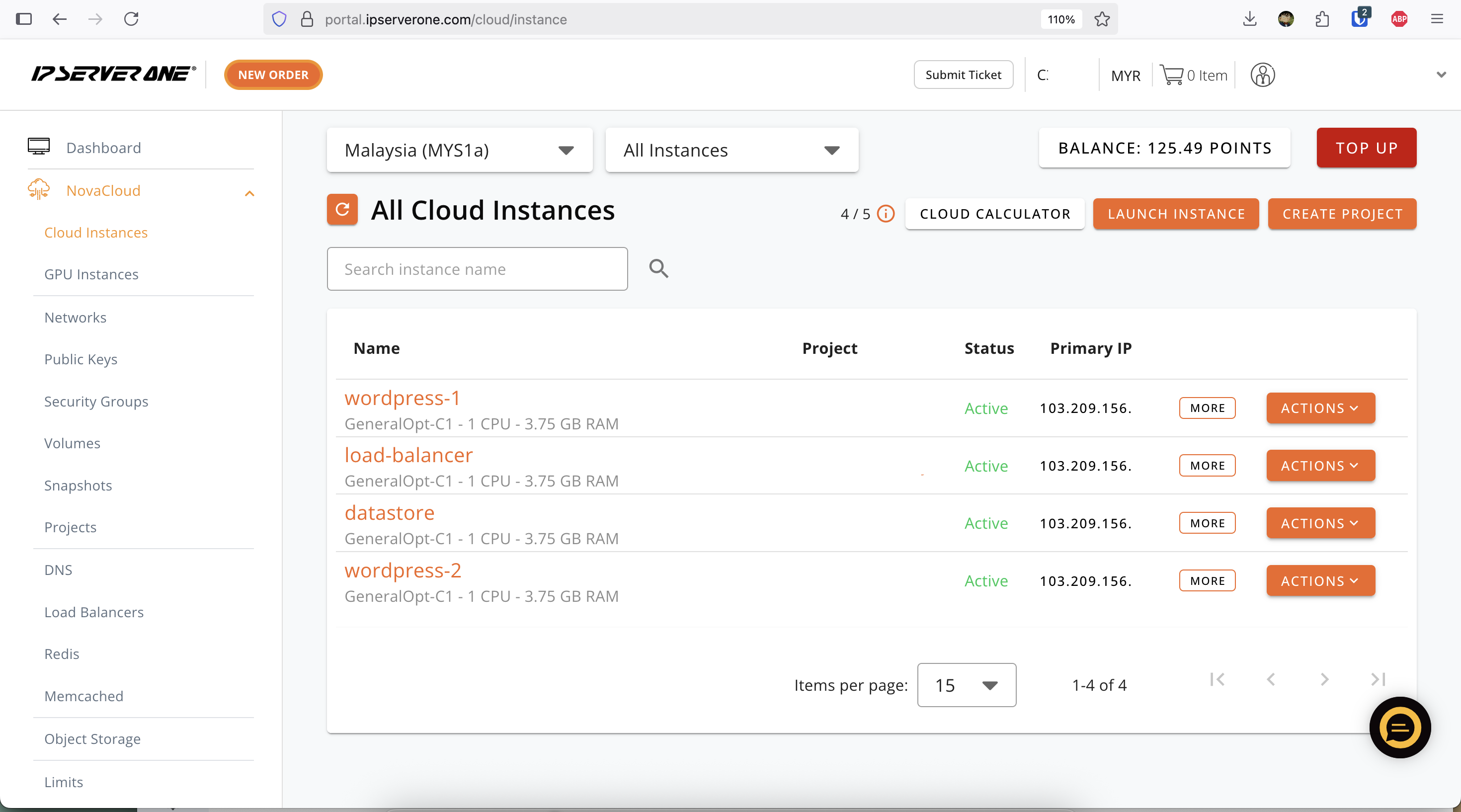 Screenshot of IP Server One cloud instance dashboard