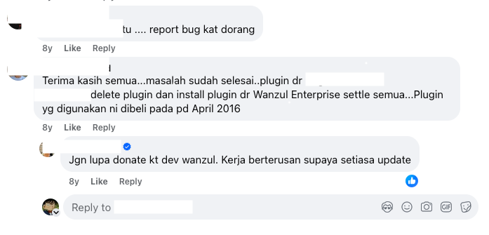 Screenshot of community support messages