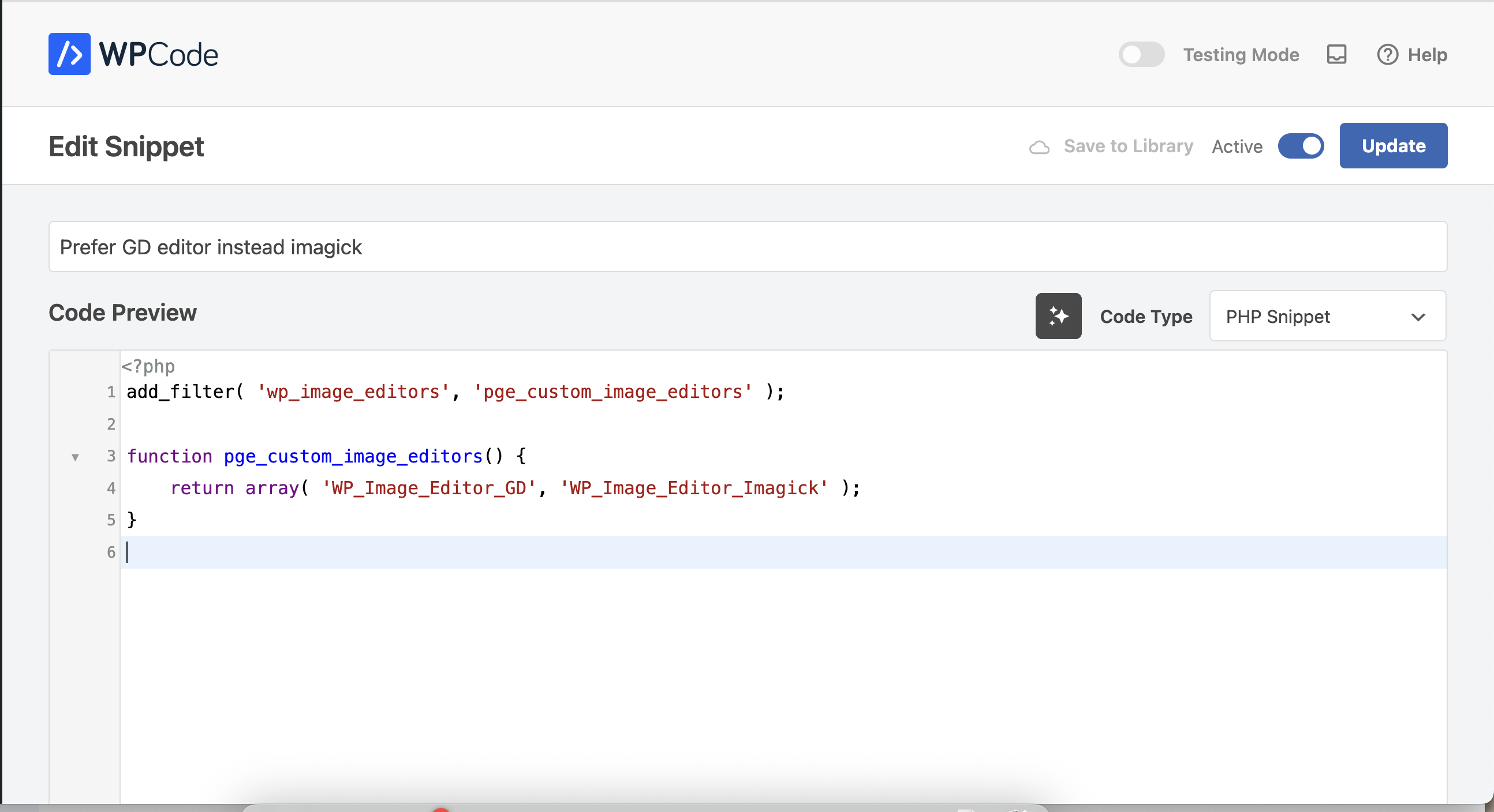 Screenshot of WPCode plugin interface with the snippet pasted