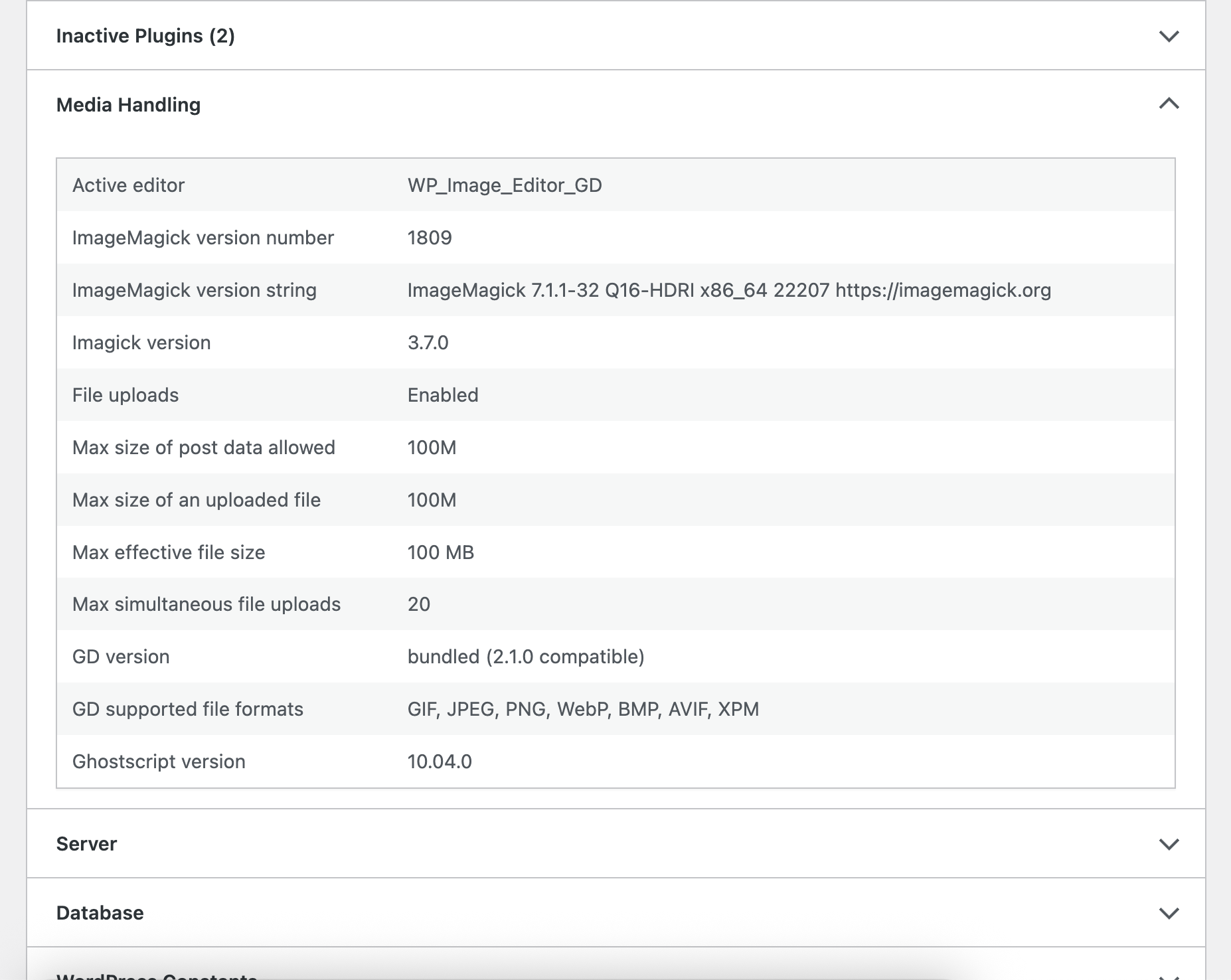 Screenshot of WordPress Site Health showing GD as default editor