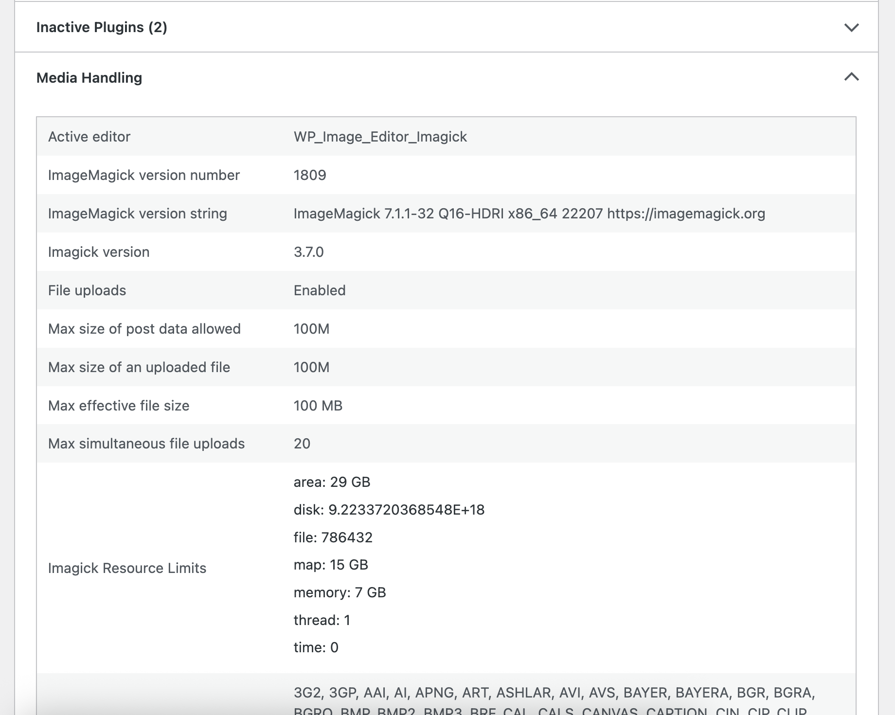 Screenshot of WordPress Site Health showing ImageMagick as default editor